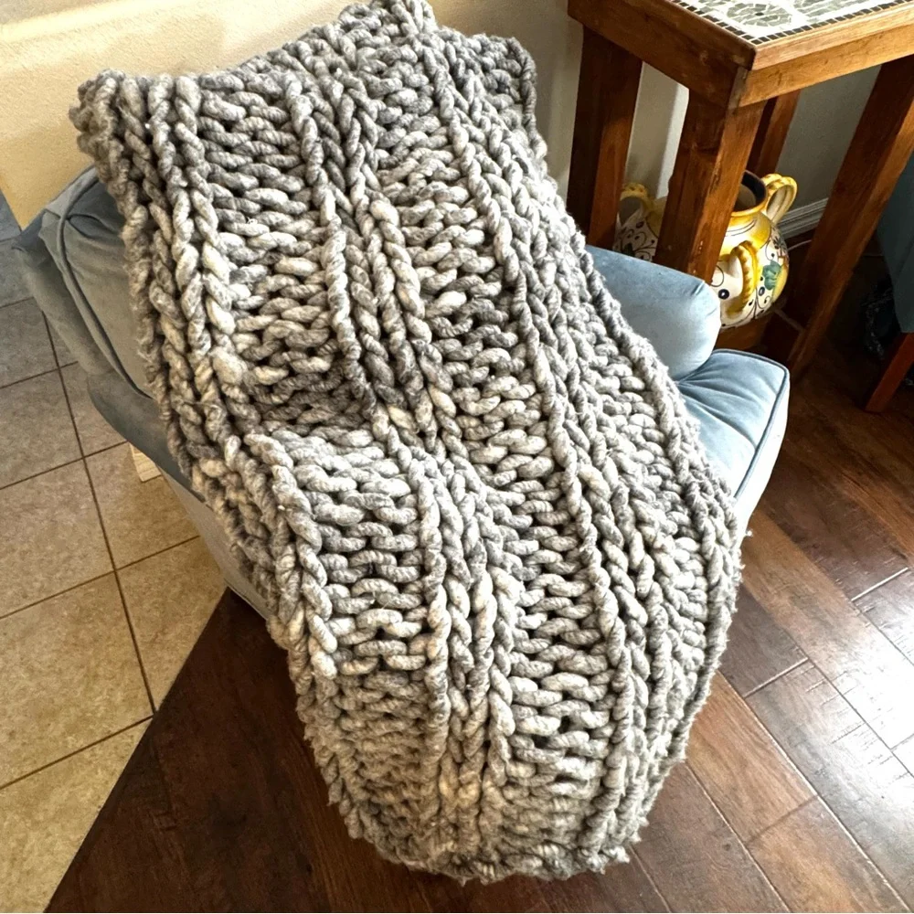 Hand knit, Merino wool, shades of grey, large chunky knit throw